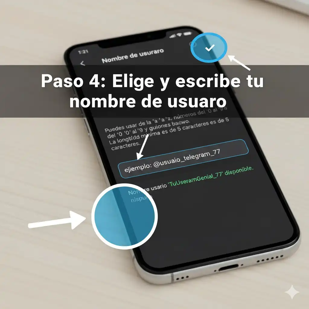 Elige y escribe tu nombre de usuario de telegram